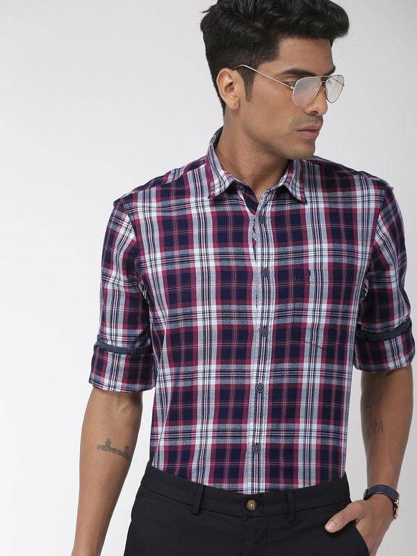 Mens Wine Ind Checked Slim Fit Shirt
